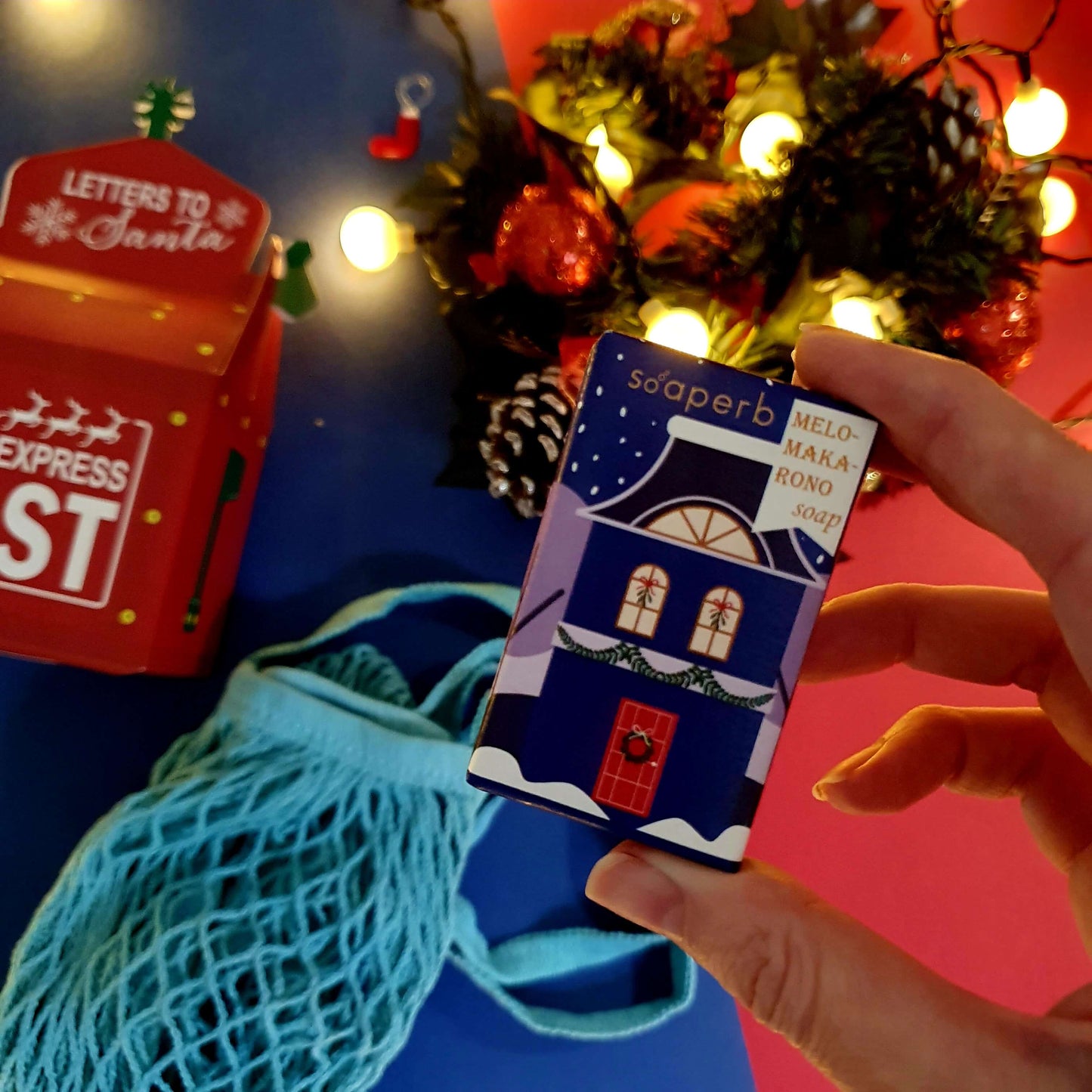 🎄 Christmas Joy – Σαπούνι Μελομακάρονο & Τσάντα Δίχτυ