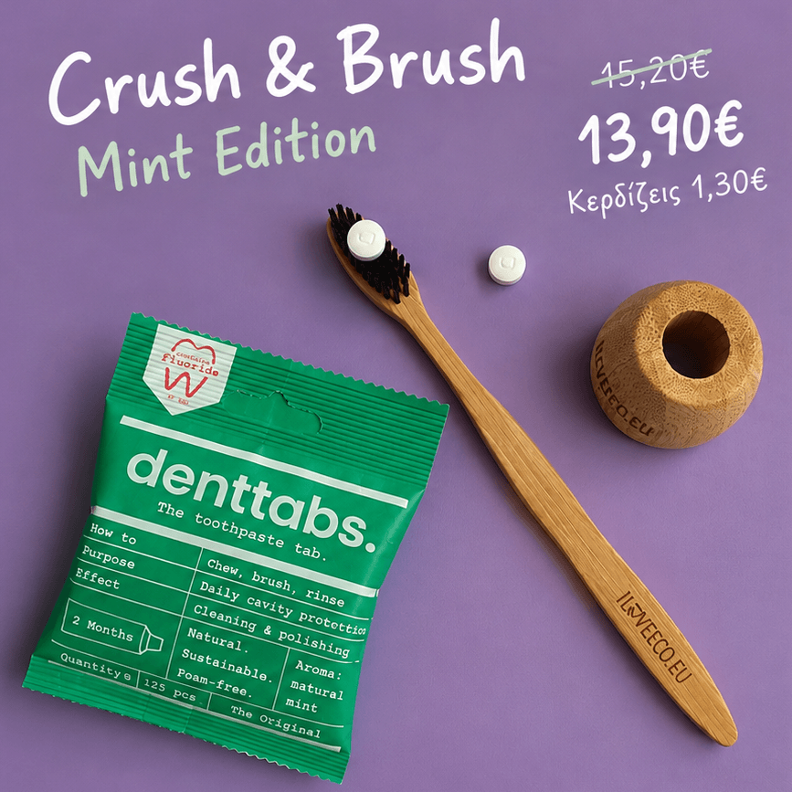 Crush & Brush Mint Edition με bamboo οδοντόβουρτσα Super Black, bamboo βάση και Denttabs Mint 125 τεμαχίων