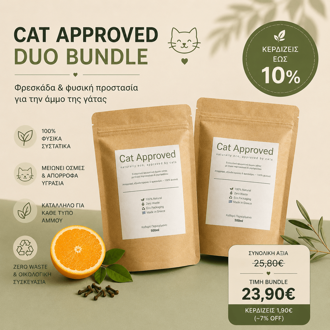 Cat Approved Duo Bundle με 2 οικολογικά ενισχυτικά άμμου γάτας 500ml για φυσική εξουδετέρωση οσμών και απορρόφηση υγρασίας | My Eco Shop