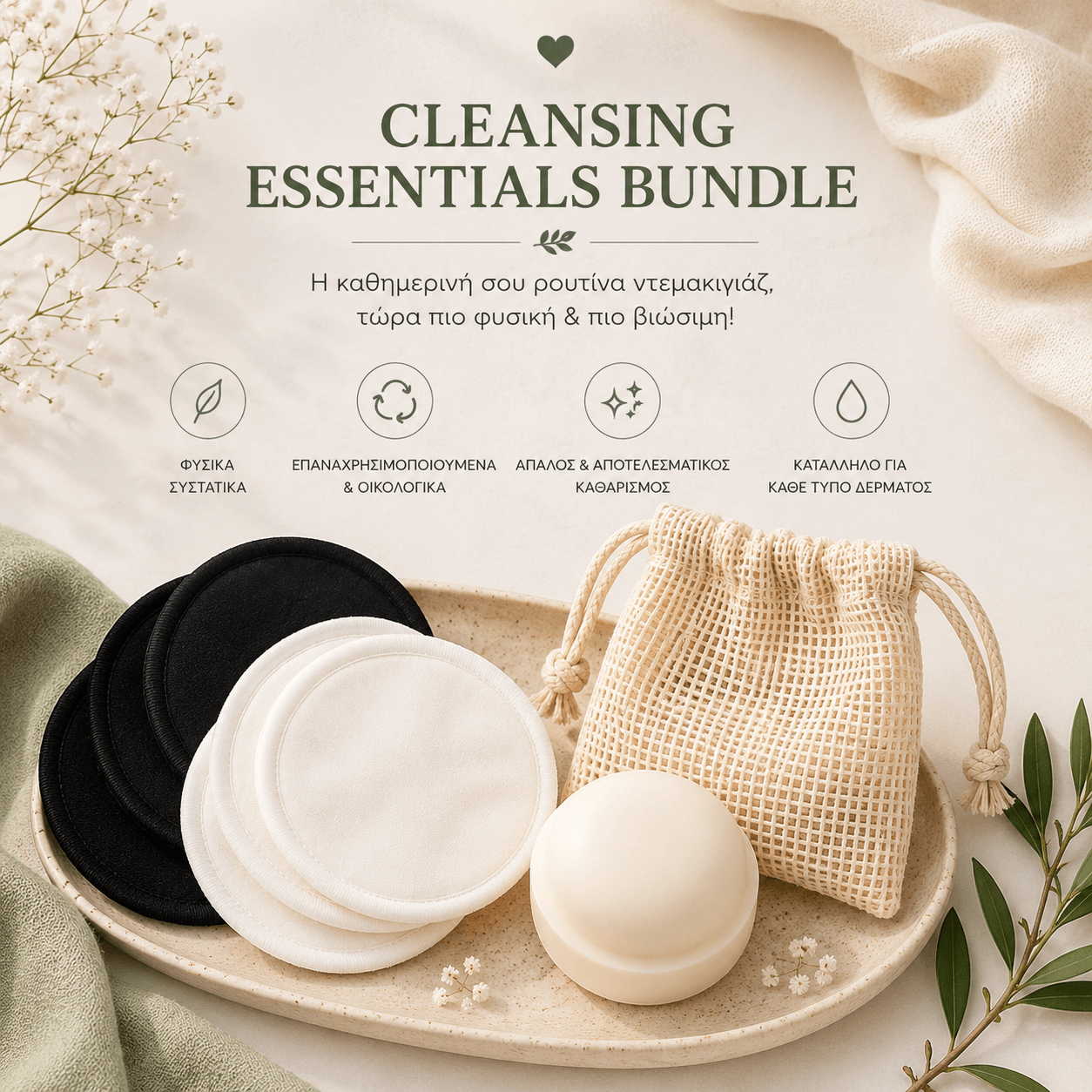 Minimal flat lay του Cleansing Essentials Bundle με reusable δίσκους ντεμακιγιάζ, cleansing bar και eco-friendly βαμβακερό pouch