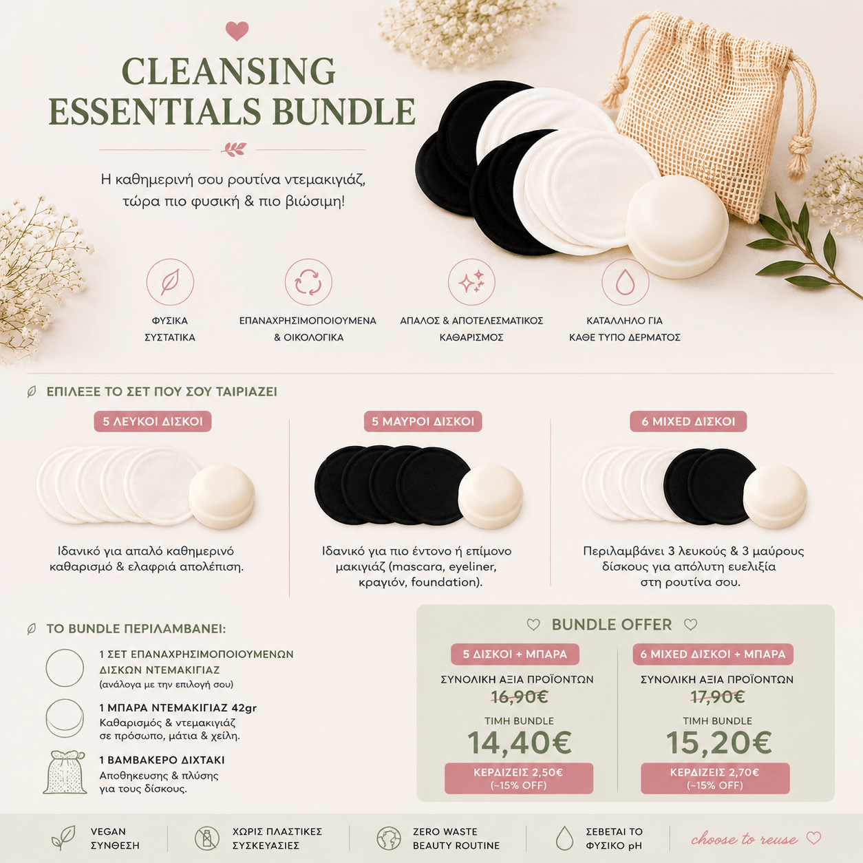 Cleansing Essentials Bundle με 6 επαναχρησιμοποιούμενους δίσκους ντεμακιγιάζ, μπάρα ντεμακιγιάζ και eco pouch σε ειδική τιμή bundle -15%