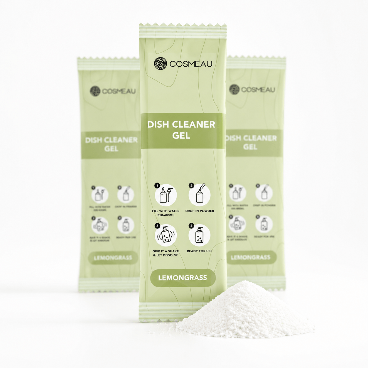Σκόνη για υγρό πιάτων Cosmeau Lemongrass refill με οικολογική συσκευασία και σκόνη καθαρισμού.