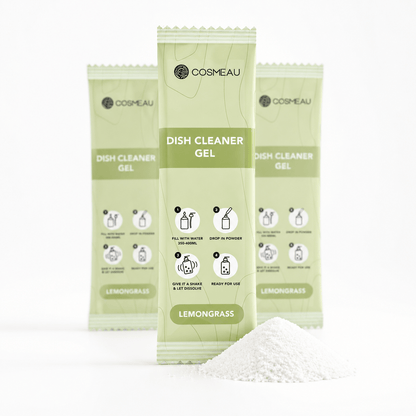 Σκόνη για υγρό πιάτων Cosmeau Lemongrass refill με οικολογική συσκευασία και σκόνη καθαρισμού.