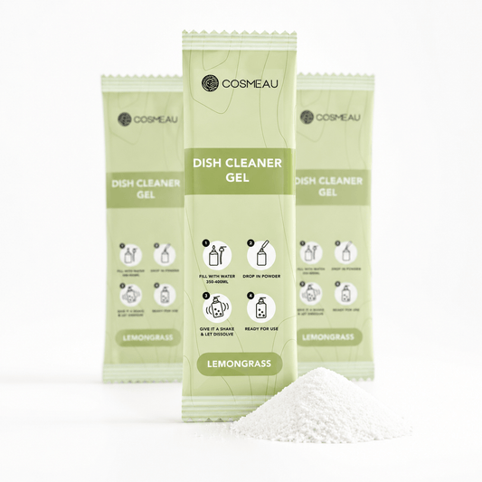 Σκόνη για υγρό πιάτων Cosmeau Lemongrass refill με οικολογική συσκευασία και σκόνη καθαρισμού.