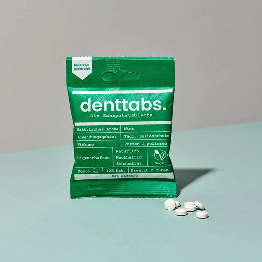 Denttabs Mint ταμπλέτες οδοντόκρεμας με φθόριο 1450 ppm, συσκευασία 125 τεμαχίων με γεύση μέντα