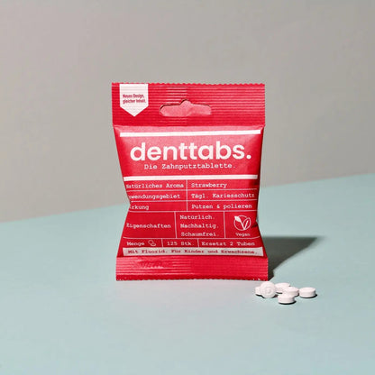 Denttabs Strawberry ταμπλέτες οδοντόκρεμας με φθόριο, συσκευασία 125 τεμαχίων με γεύση φράουλα