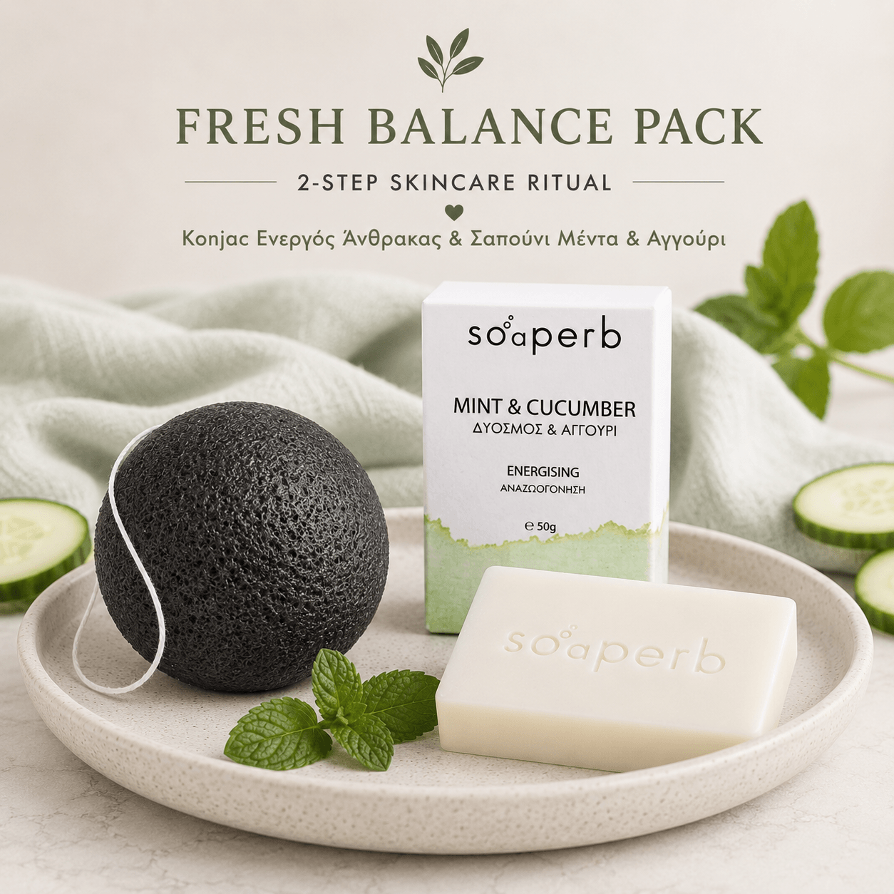 Fresh Balance Pack με σαπούνι Μέντα & Αγγούρι Soaperb και μαύρο Konjac Sponge με ενεργό άνθρακα για δροσερό καθαρισμό και ισορροπία επιδερμίδας
