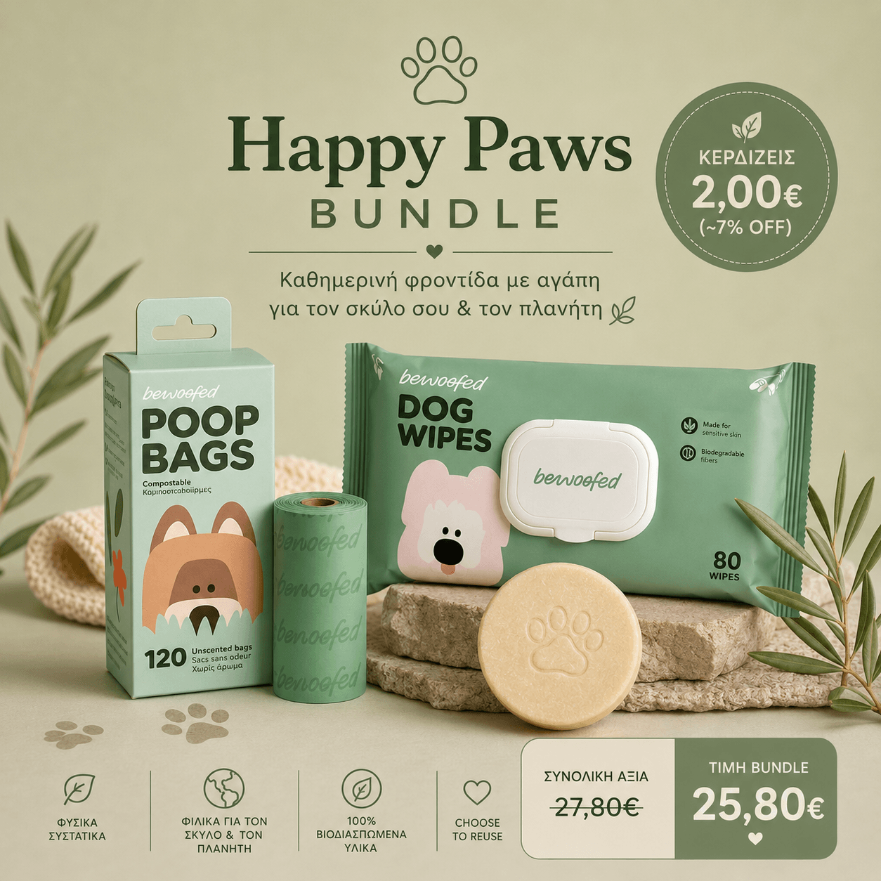 Happy Paws Bundle από το my eco shop με βιοδιασπώμενα μαντηλάκια σκύλου, κομποστοποιήσιμες σακούλες poop bags και στερεό σαμπουάν κατοικιδίων Furry Friends