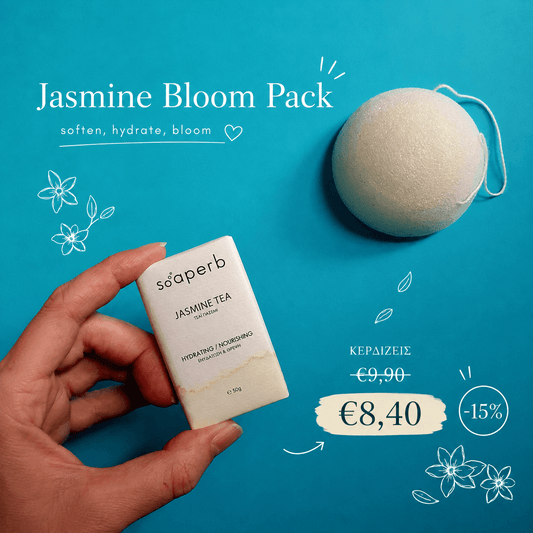 Jasmine Bloom Pack με λευκό σφουγγάρι Konjac και φυσικό σαπούνι Jasmine Tea της Soaperb για ενυδάτωση και απαλό καθαρισμό.