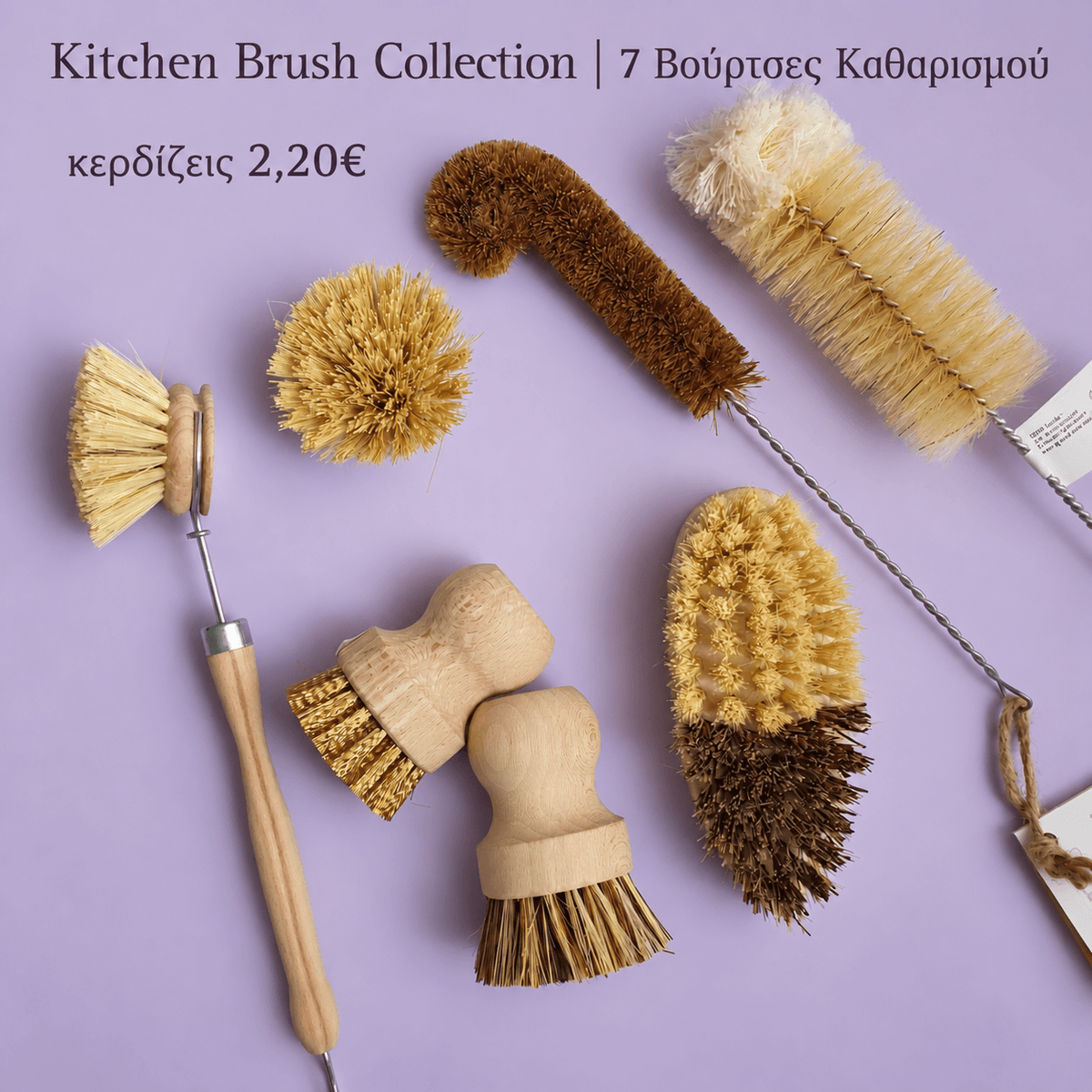 Kitchen Brush Collection bundle με 7 βούρτσες καθαρισμού κουζίνας σε λιλά φόντο, περιλαμβάνει βούρτσα πιάτων με λαβή, ανταλλακτική κεφαλή, βούρτσα κατσαρόλας, βούρτσα brass, βούρτσα λαχανικών, βούρτσα μπουκαλιών και coconut bottle brush, με ένδειξη εξοικονόμησης 2,20€.