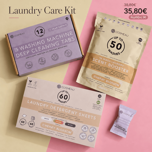 Laundry Care Kit με 60 φύλλα πλυντηρίου, ενισχυτικό αρώματος Cherry Blossom και 12 ταμπλέτες βαθιάς καθαριότητας πλυντηρίου ρούχων.