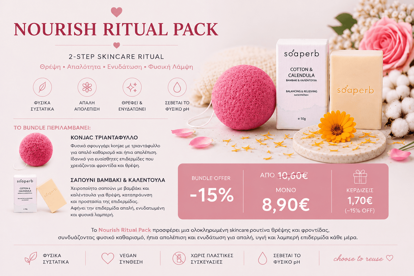 Nourish Ritual Pack με ροζ konjac σφουγγάρι προσώπου και σαπούνι Cotton & Calendula της Soaperb, με πληροφορίες bundle offer, τιμή έκπτωσης και φυσικό skincare ritual.
