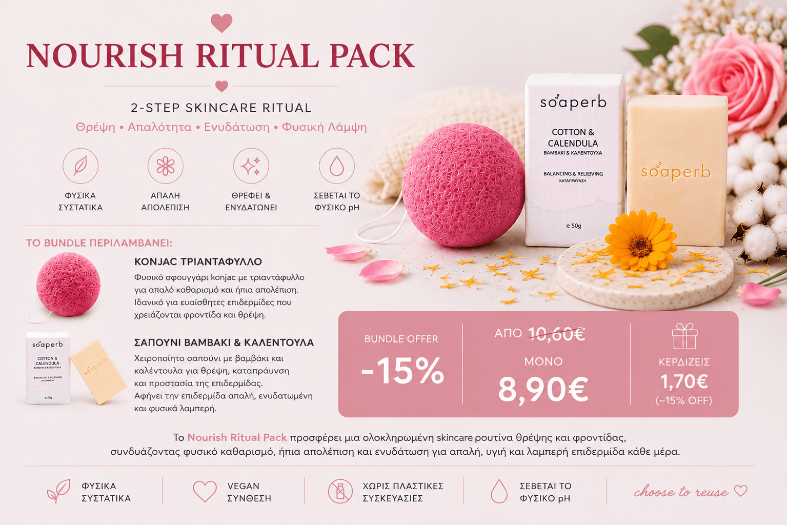 Nourish Ritual Pack με ροζ konjac σφουγγάρι προσώπου και σαπούνι Cotton & Calendula της Soaperb, με πληροφορίες bundle offer, τιμή έκπτωσης και φυσικό skincare ritual.