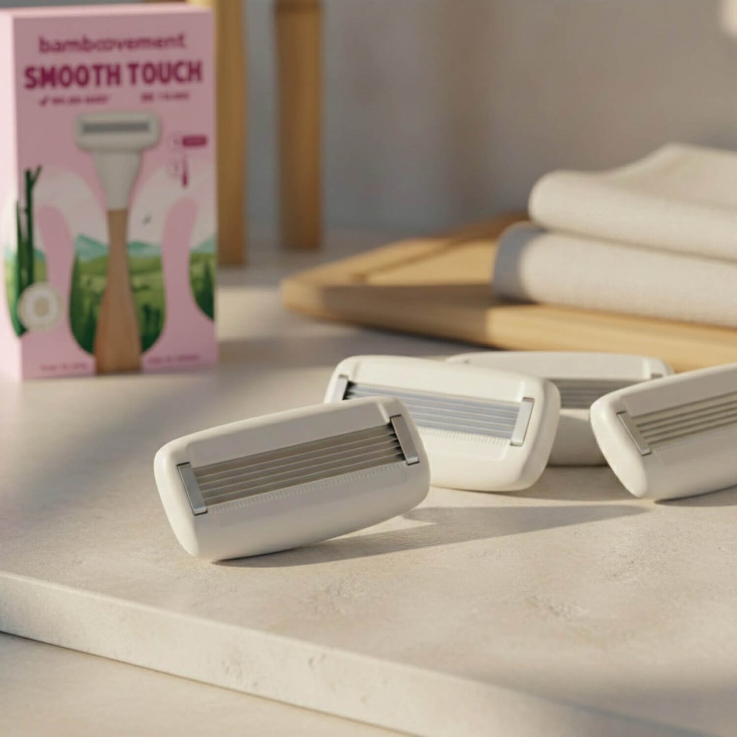 Τέσσερις ανταλλακτικές κεφαλές Smooth Touch με πέντε λεπίδες σε φωτεινό μπάνιο