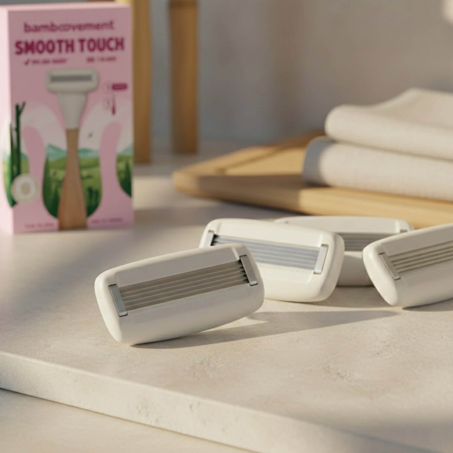 Τέσσερις ανταλλακτικές κεφαλές Smooth Touch με πέντε λεπίδες σε φωτεινό μπάνιο