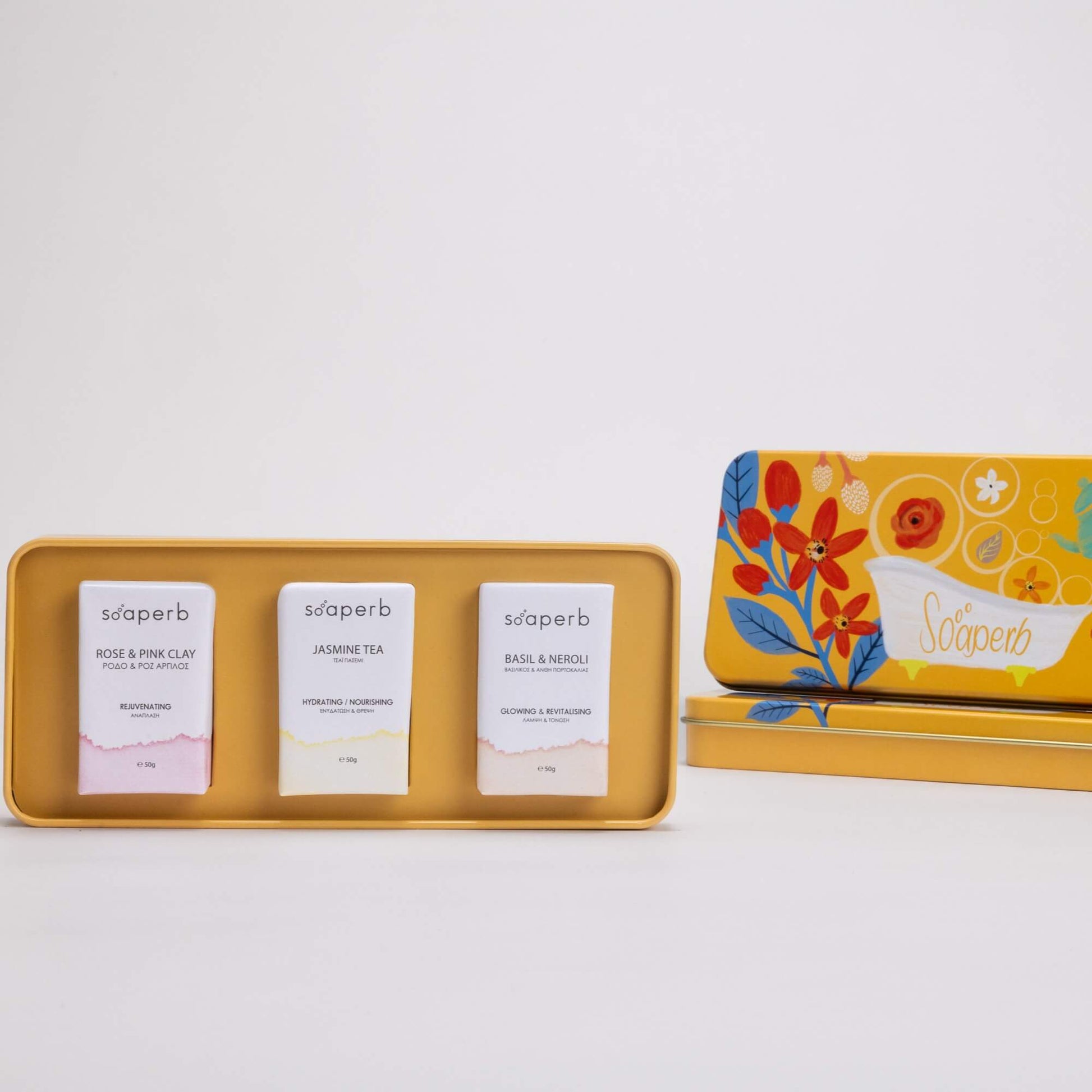 Λεπτομέρεια μεταλλικού κουτιού Soaperb Floral & Fruity