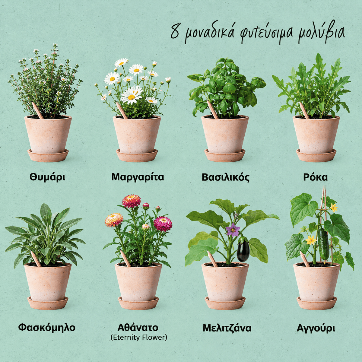 SproutWorld Mindful Thoughts φυτεύσιμα μολύβια με 8 διαφορετικούς σπόρους: θυμάρι, μαργαρίτα, βασιλικό, ρόκα, φασκόμηλο, αθάνατο, μελιτζάνα και αγγούρι.
