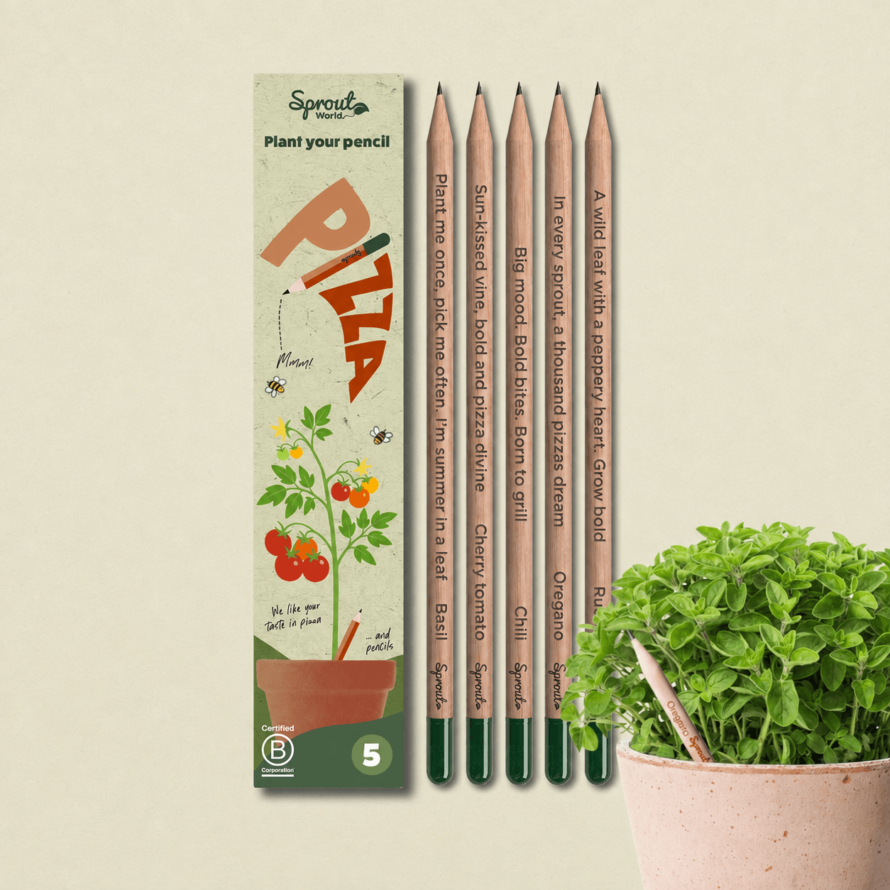 SproutWorld Pizza Edition με συσκευασία, πέντε φυτεύσιμα μολύβια και γλάστρα με ρίγανη