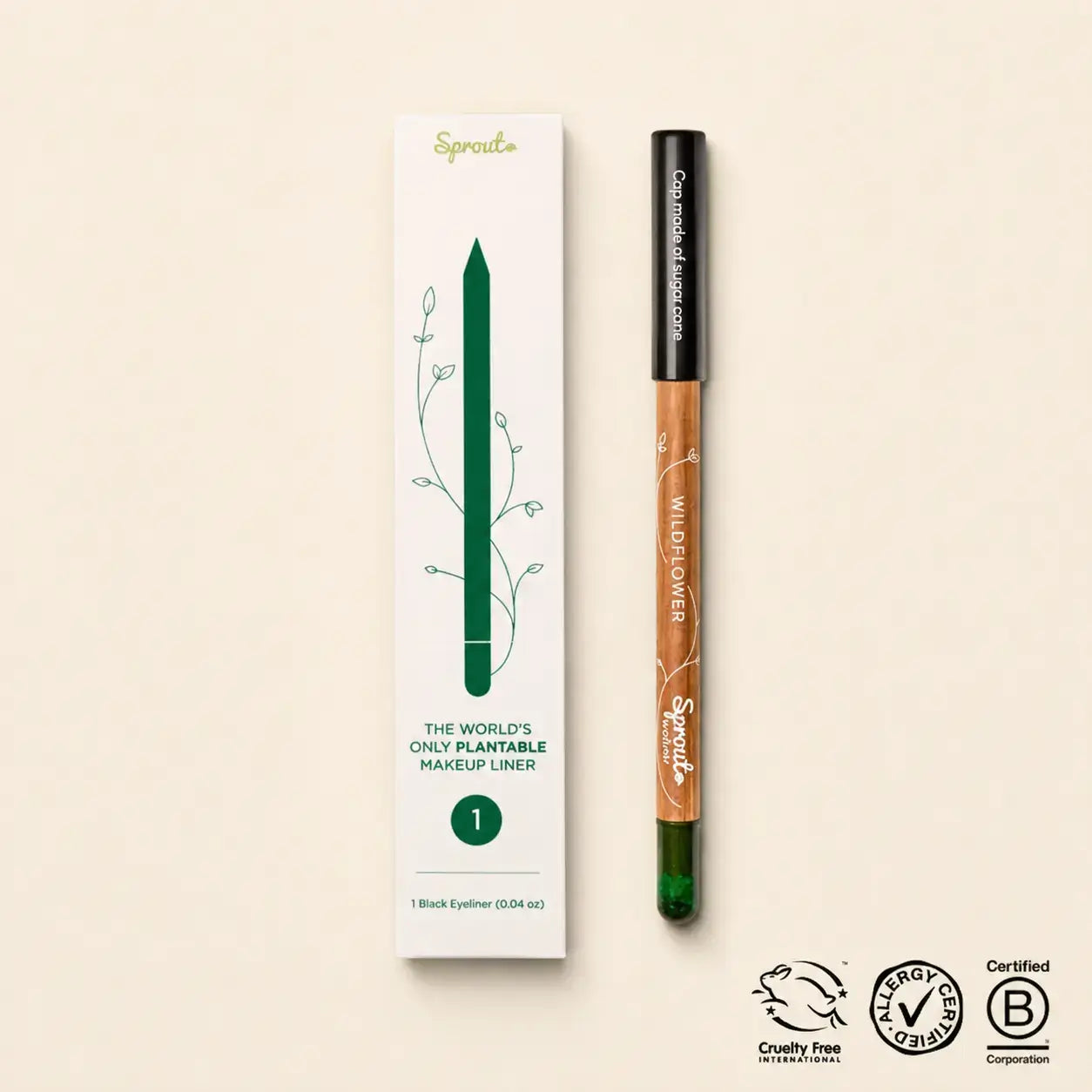 Φυτεύσιμο μαύρο eyeliner SproutWorld με ξύλινο σώμα, συσκευασία και πιστοποιήσεις