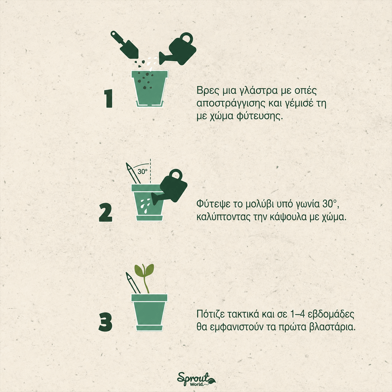 Οδηγίες φύτευσης μολυβιού SproutWorld σε τρία βήματα με γλάστρα, χώμα και τακτικό πότισμα