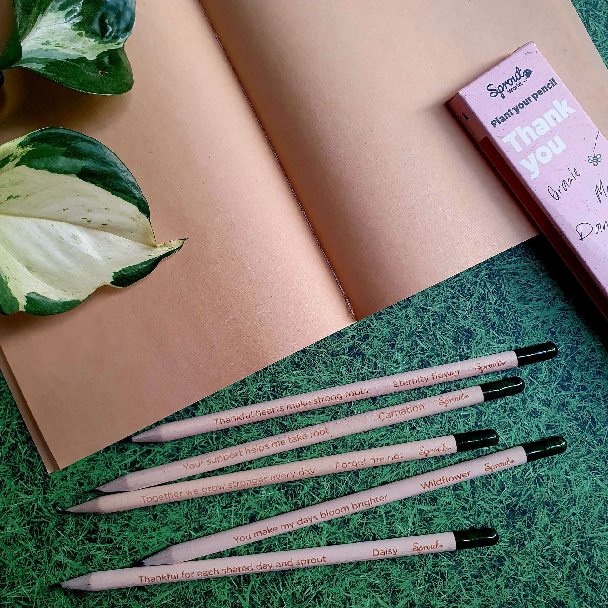Gift set με 5 φυτεύσιμα μολύβια Sprout Thank You και plain A5 bamboo σημειωματάριο.